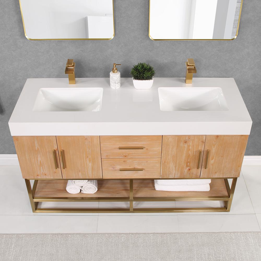 60" Double Bathroom Vanity in Light Brown awithout Mirror. Picture 8