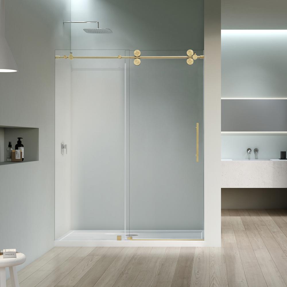 Single Sliding Frameless Shower Door in Brushed Gold with Clear Glass. Picture 3