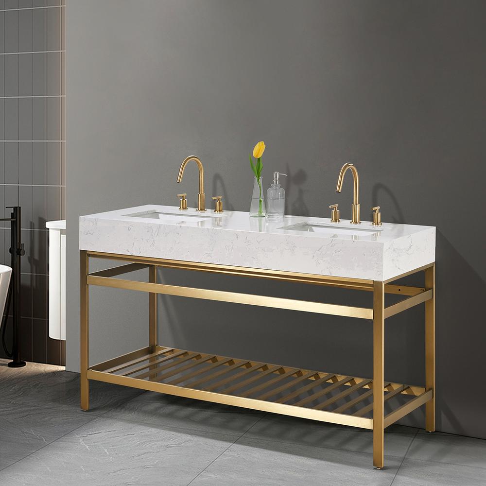 60" Double Stainless Steel Vanity Console in Brushed Gold without Mirror. Picture 5