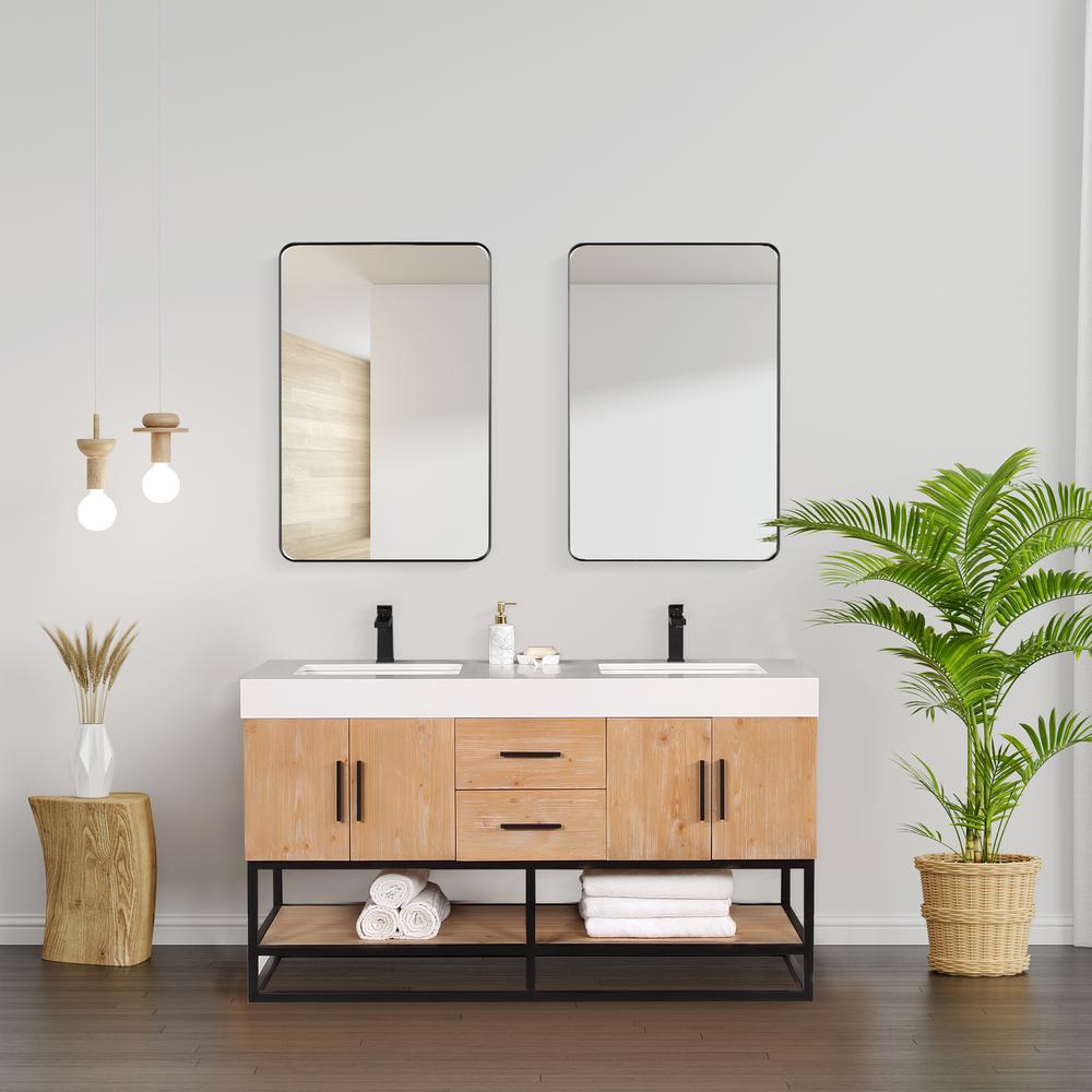 60" Double Bathroom Vanity in Light Brown awith Mirror. Picture 15