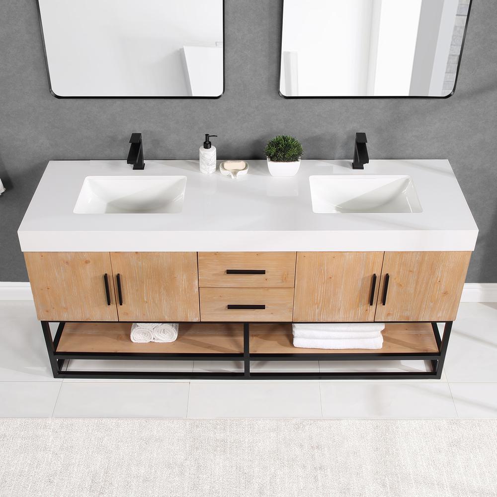 72" Double Bathroom Vanity in Light Brown awithout Mirror. Picture 8