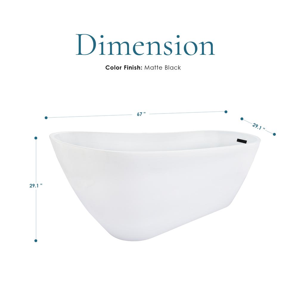 Ipure 67" x 29" Flatbottom Freestanding Acrylic Soaking Bathtub in Glossy White. Picture 6