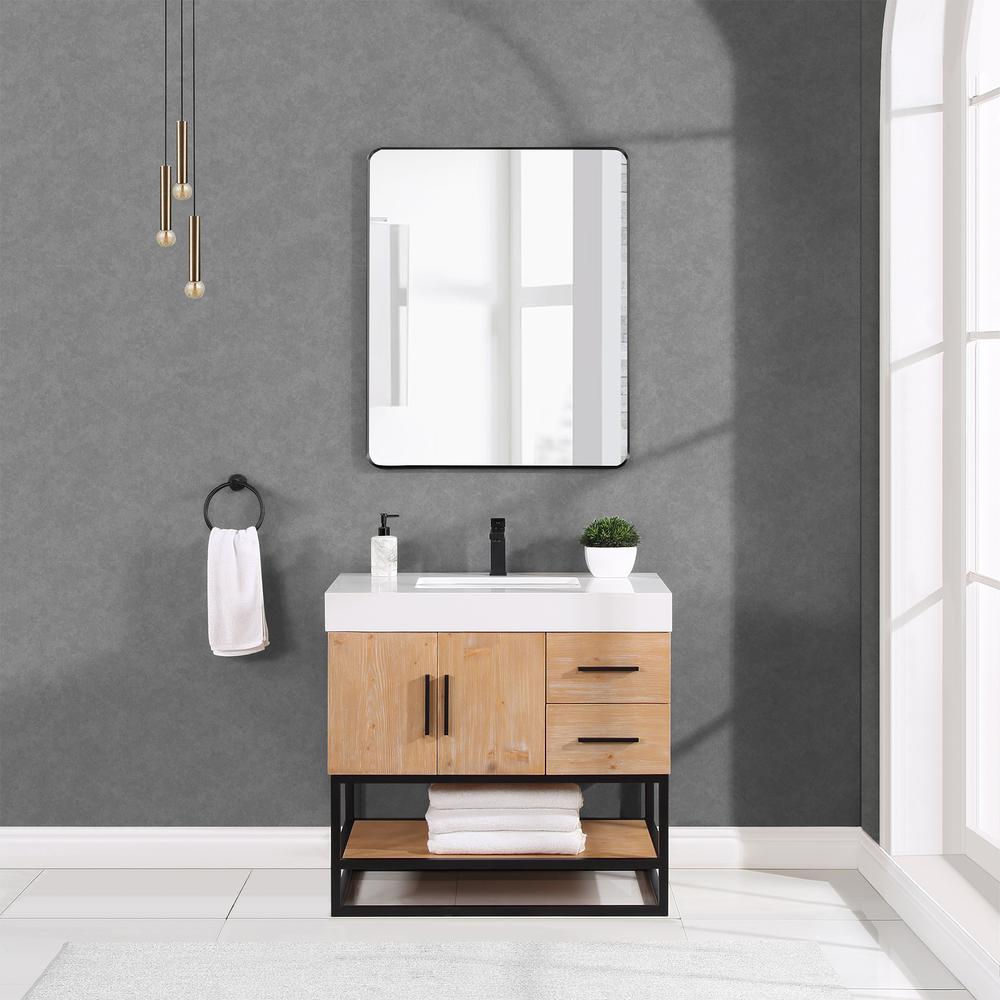 Single Bathroom Vanity in Light Brown with Mirror. Picture 4