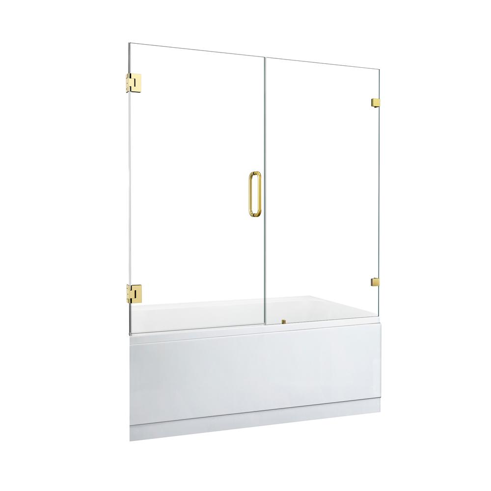 Roisin 60" W x 58" H Frameless Hinged Tub Door in Brushed Gold with Clear Glass. Picture 1
