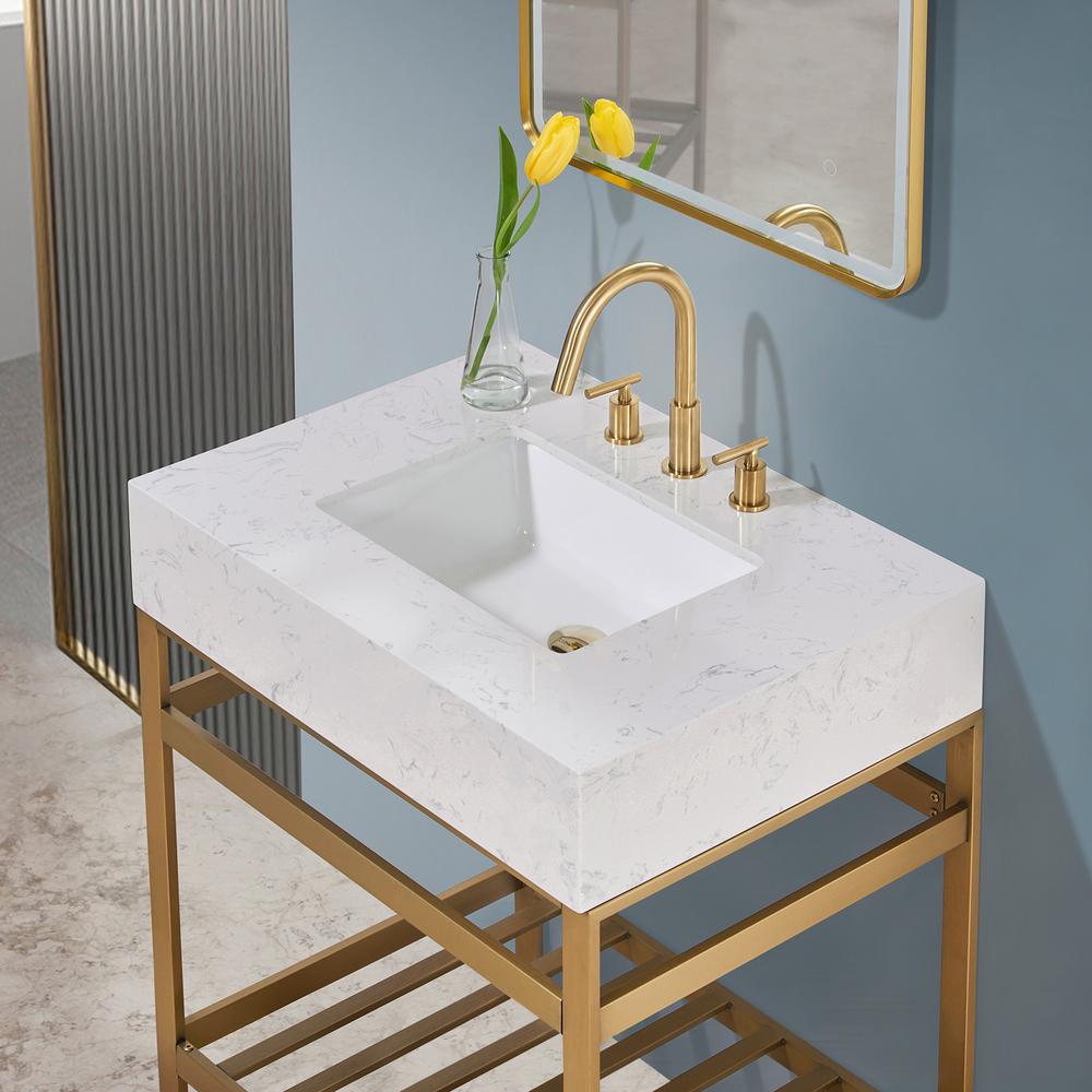 30" Single Stainless Steel Vanity Console in Brushed Gold and Mirror. Picture 5