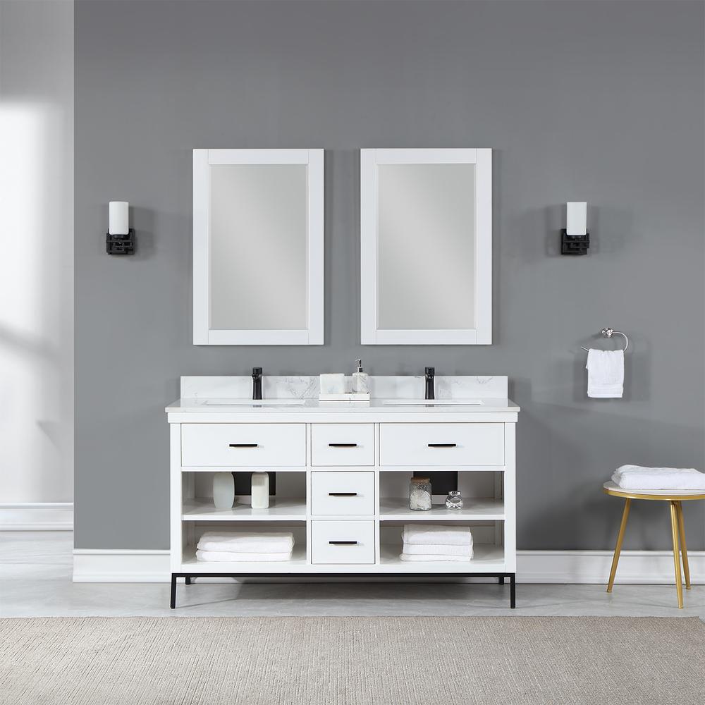 60" Double Bathroom Vanity Set in White with Mirror. Picture 3