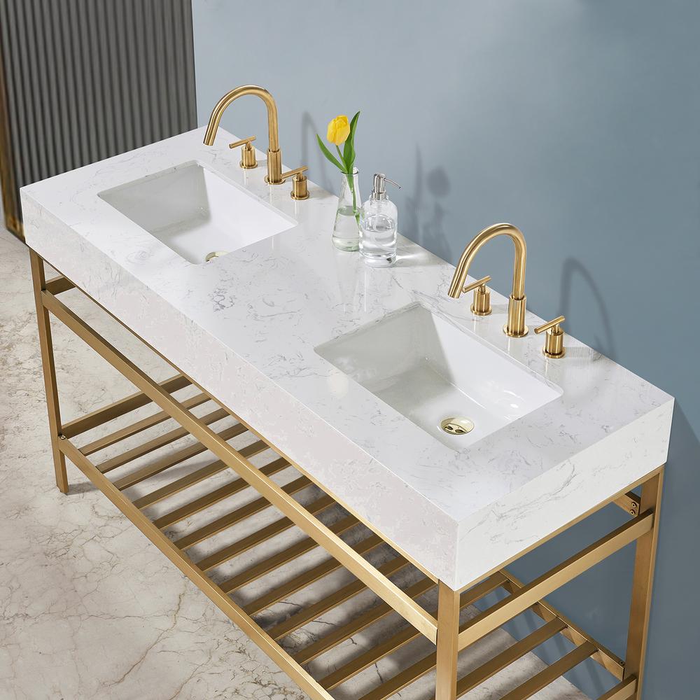 60" Double Stainless Steel Vanity Console in Brushed Gold without Mirror. Picture 3