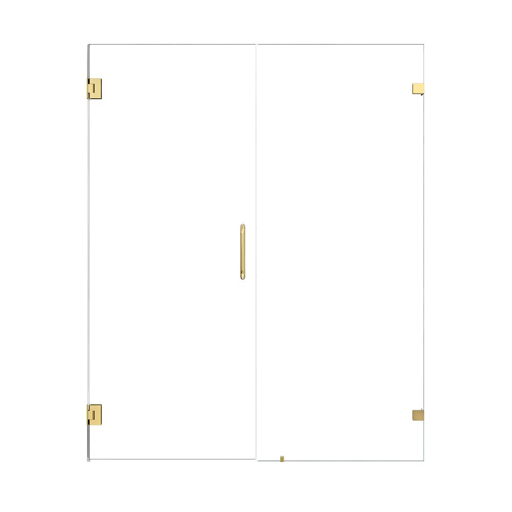 Frameless Hinged Shower Door in Brushed Gold with Clear Glass. Picture 1
