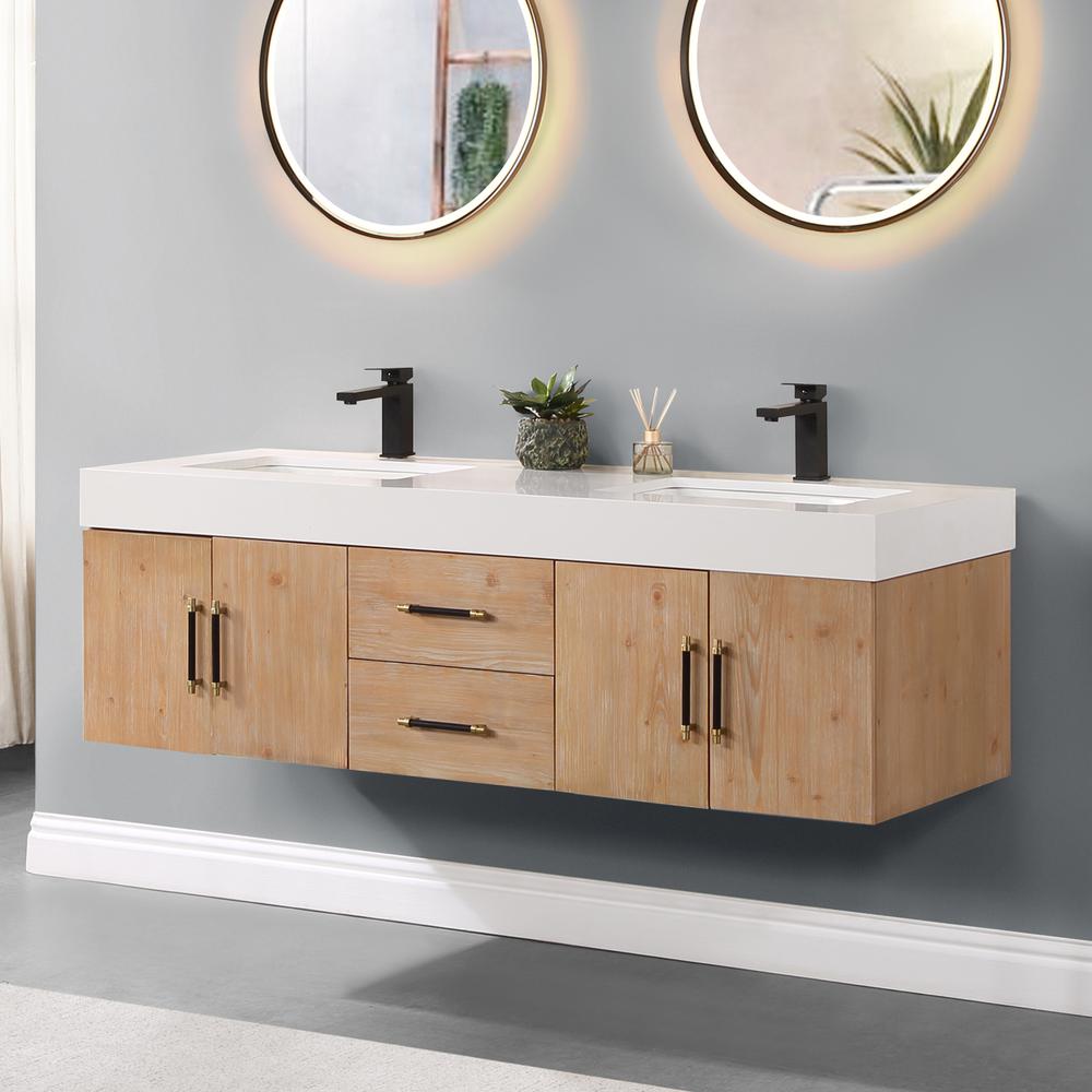 60" Wall-mounted Double Bathroom Vanity in Light Brown without Mirror. Picture 9