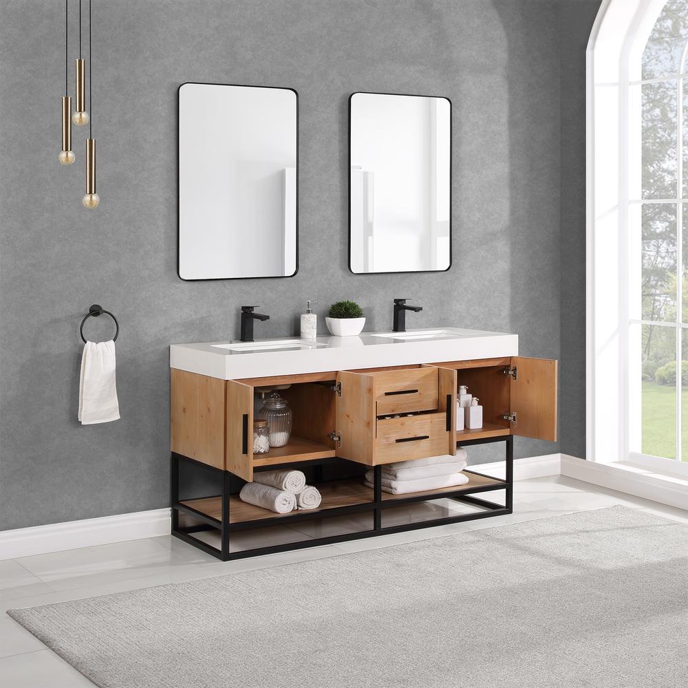 60" Double Bathroom Vanity in Light Brown awith Mirror. Picture 7