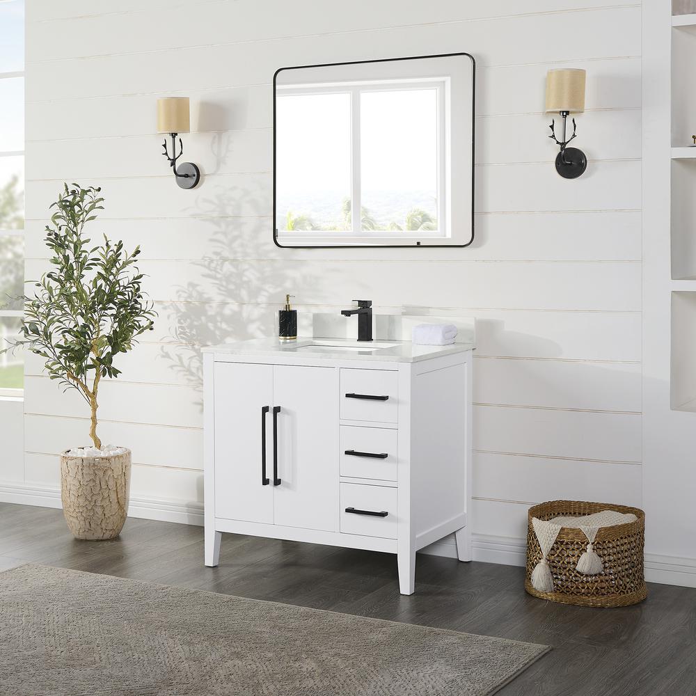 Single Bathroom Vanity in White with Stone Countertop with Mirror. Picture 3