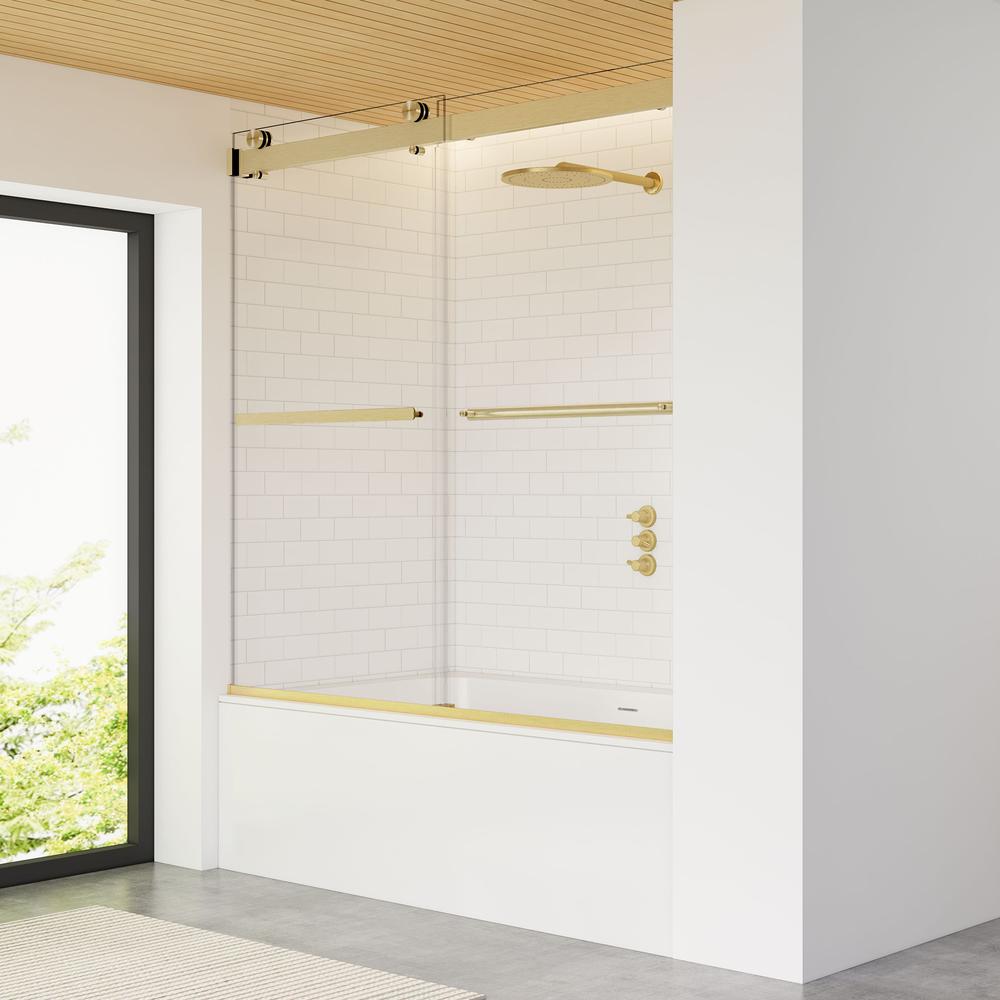 By Pass Frameless Tub Door in Brushed Gold with Clear Glass. Picture 5