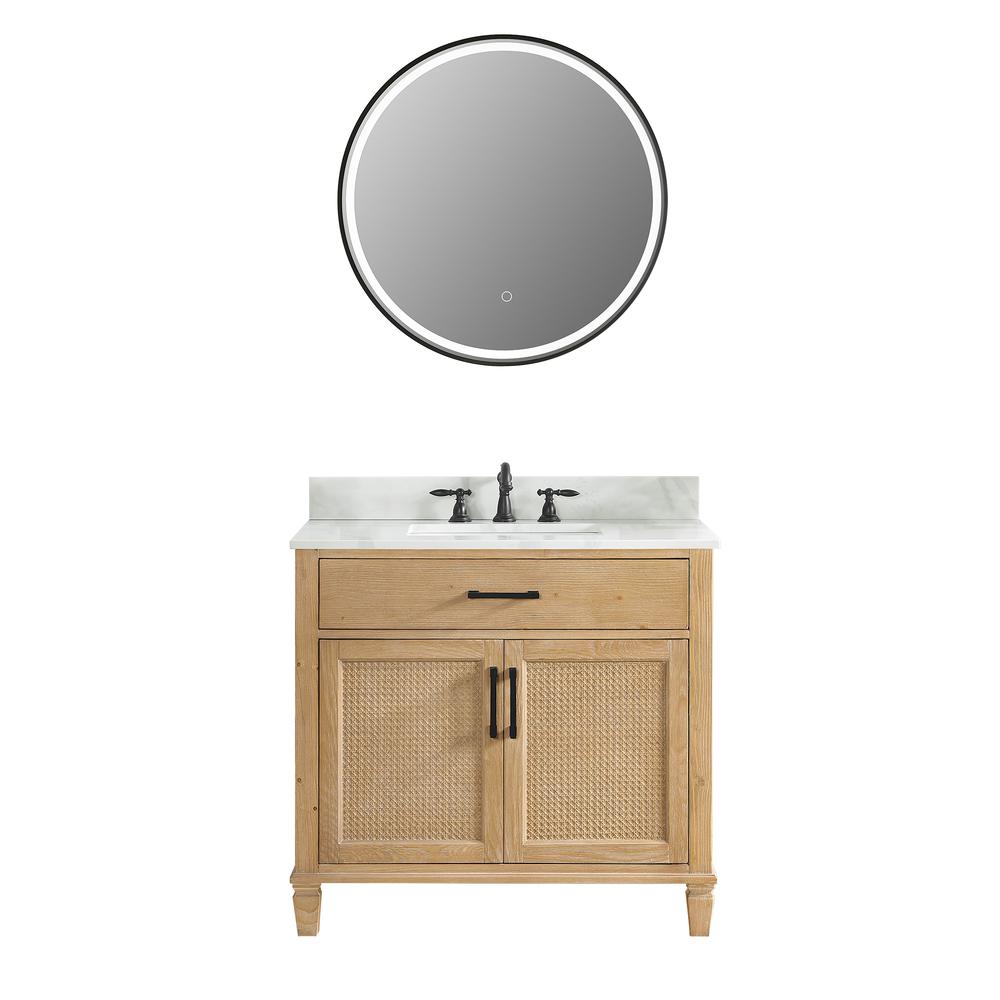 Single Bathroom Vanity in Weathered Fir with Stone Countertop with Mirror. Picture 1