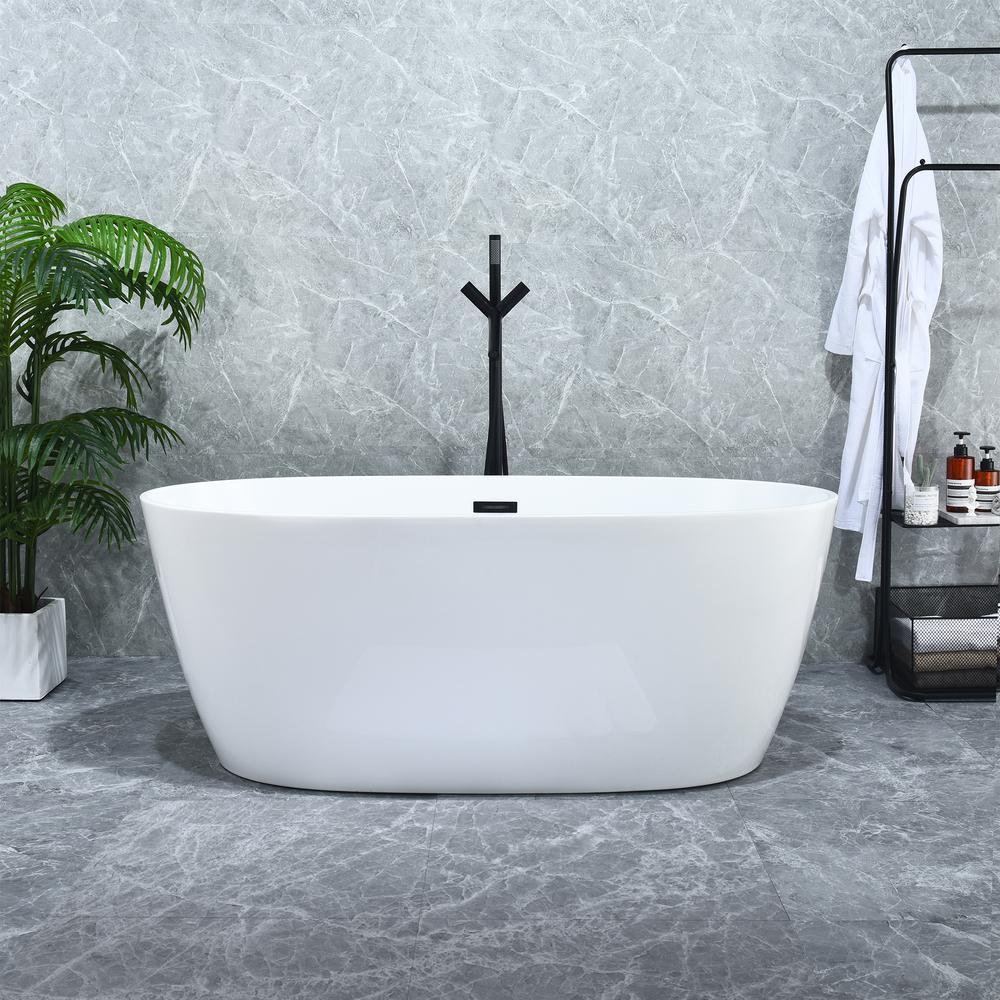 Rauris 59" x 28" Flatbottom Freestanding Acrylic Soaking Bathtub in Glossy White. Picture 6
