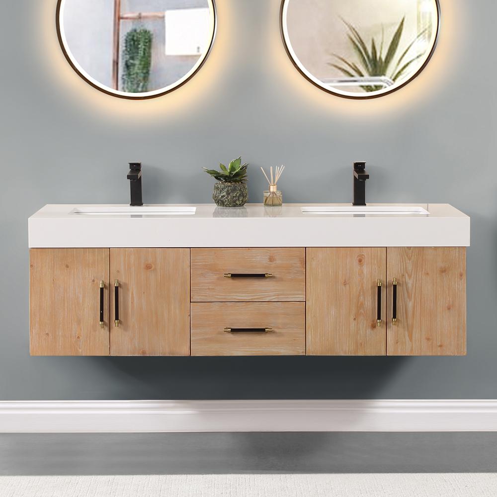 60" Wall-mounted Double Bathroom Vanity in Light Brown without Mirror. Picture 8