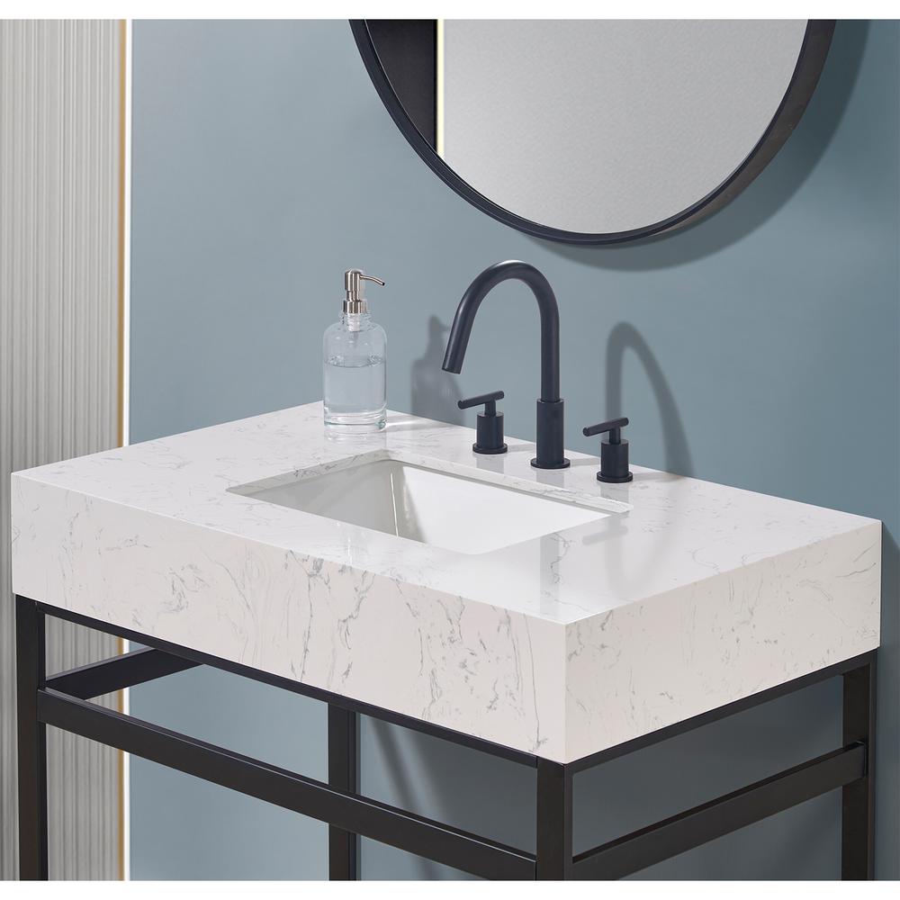 36. in Composite Stone Vanity Top in Aosta White Apron with White Sink. Picture 5