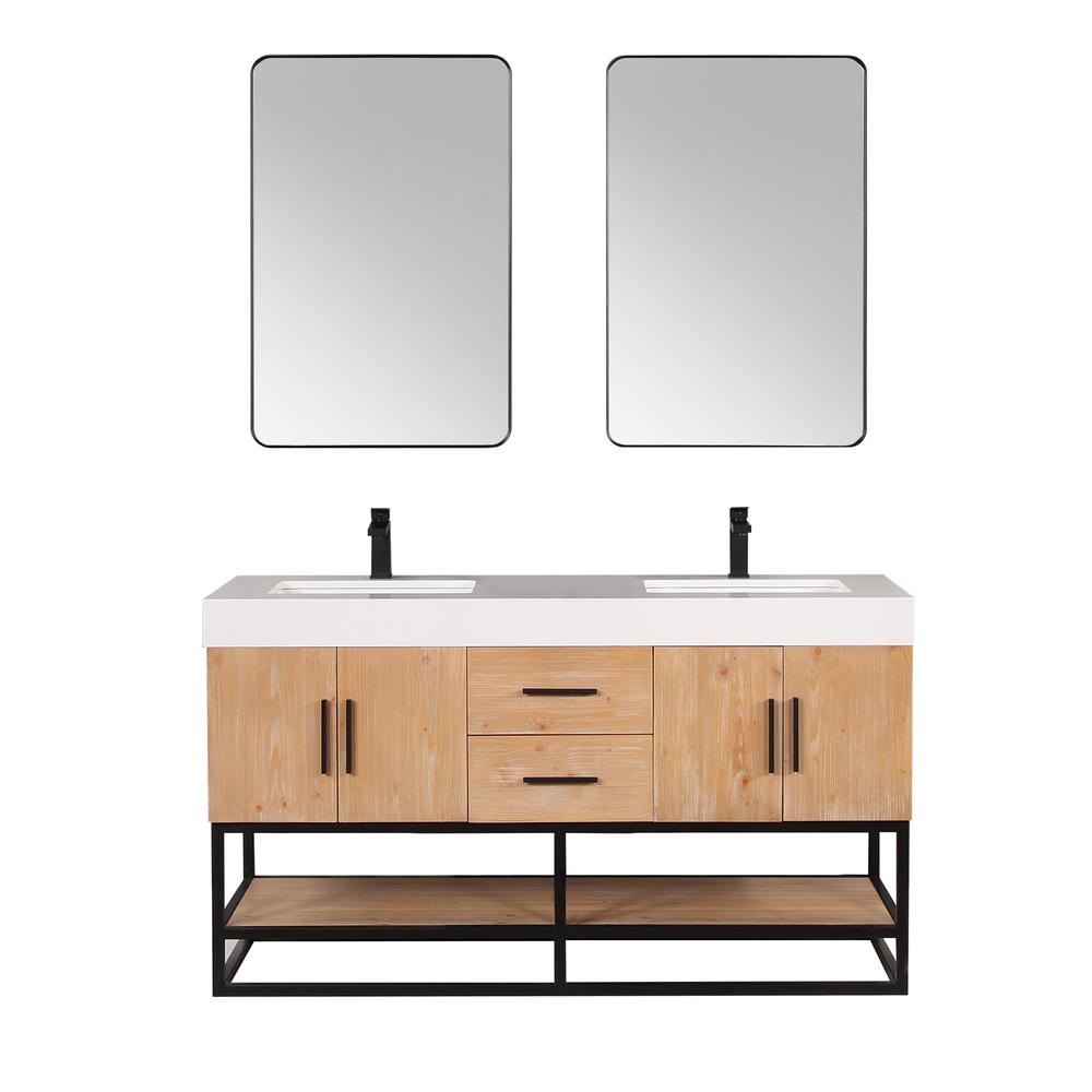 60" Double Bathroom Vanity in Light Brown awith Mirror. Picture 1