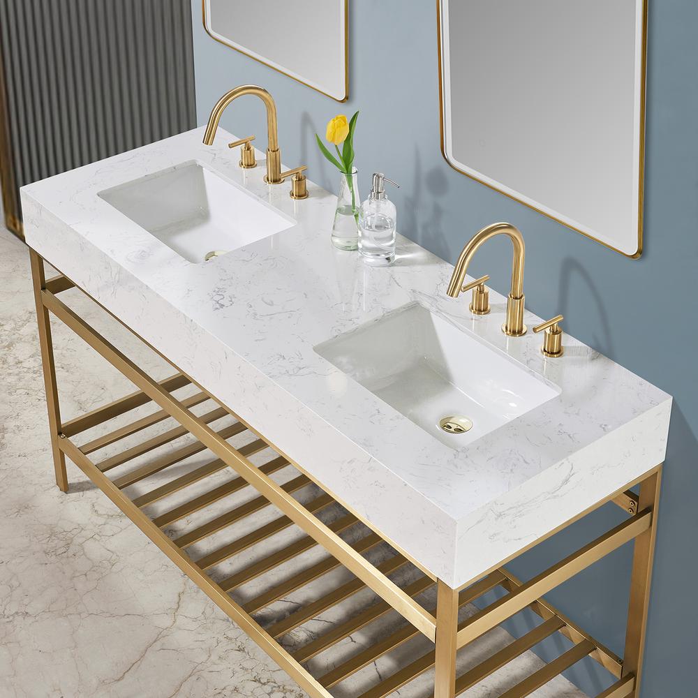 60" Double Stainless Steel Vanity Console in Brushed Gold and Mirror. Picture 5