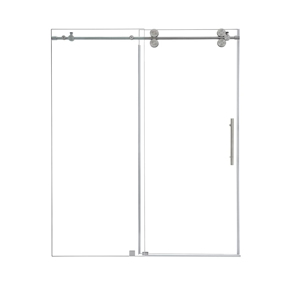 Single Sliding Frameless Shower Door in Brushed Nickel with Clear Glass. Picture 1