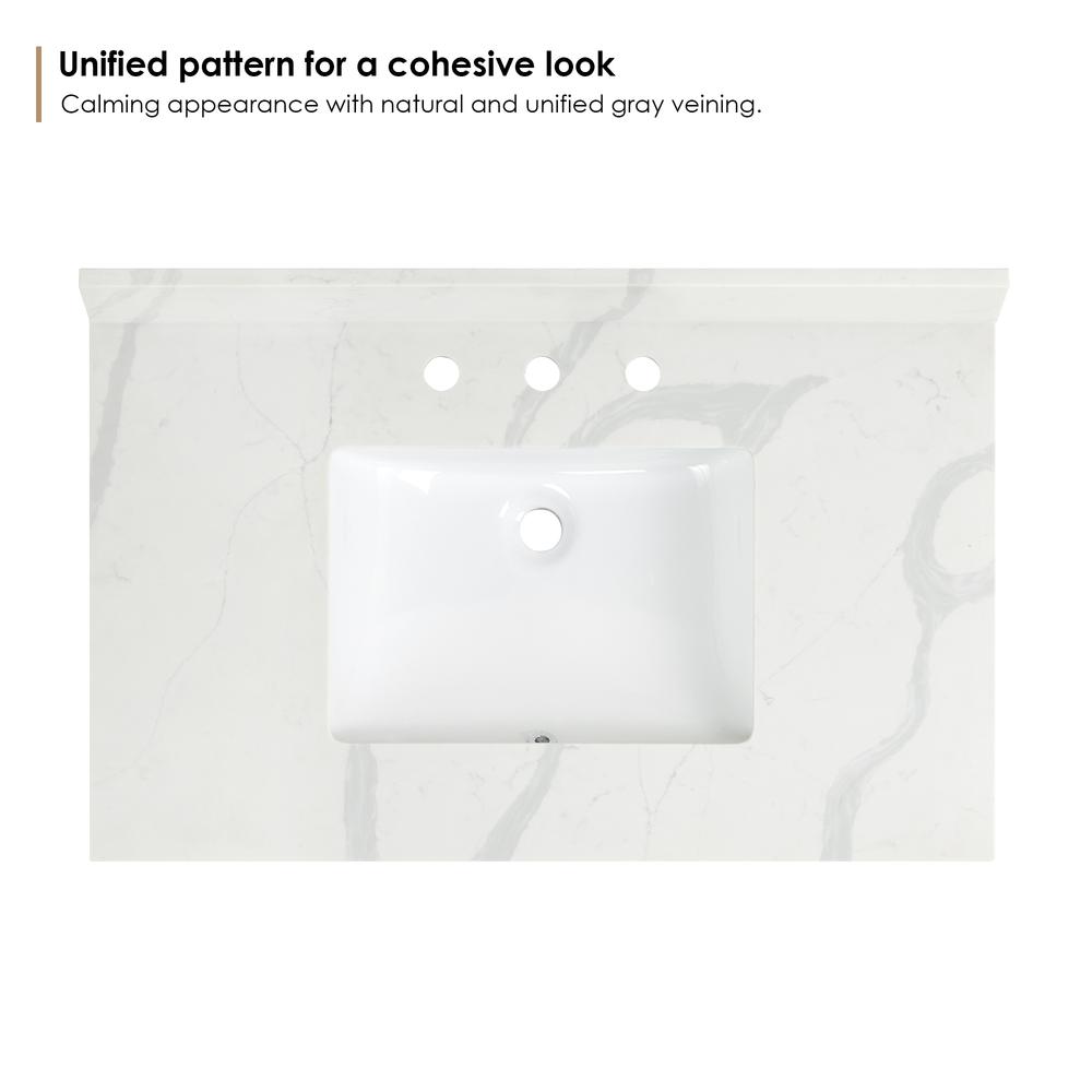 Arbios 36. in Quartz Stone Vanity Top in Calacatta White with White Sink. Picture 3