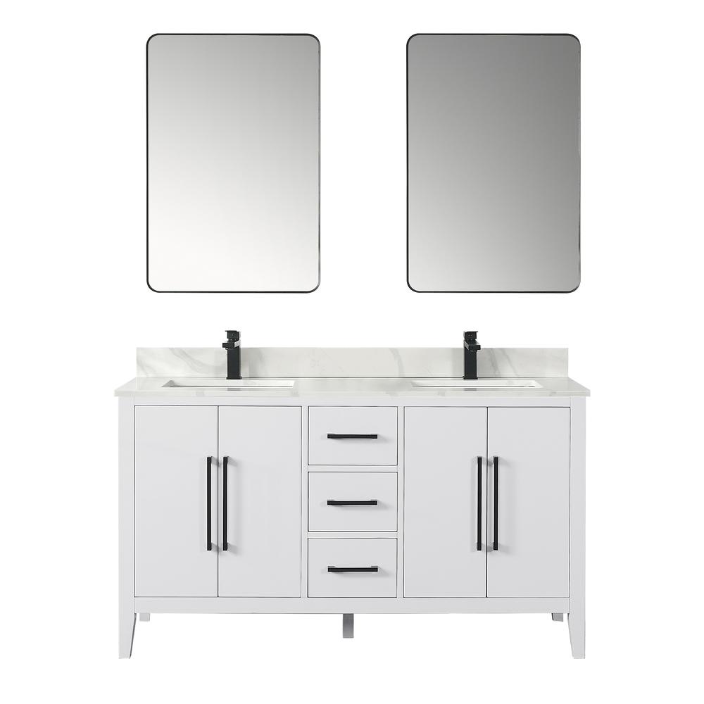 Double Bathroom Vanity in White with White Quartz Stone Countertop with Mirror. Picture 1