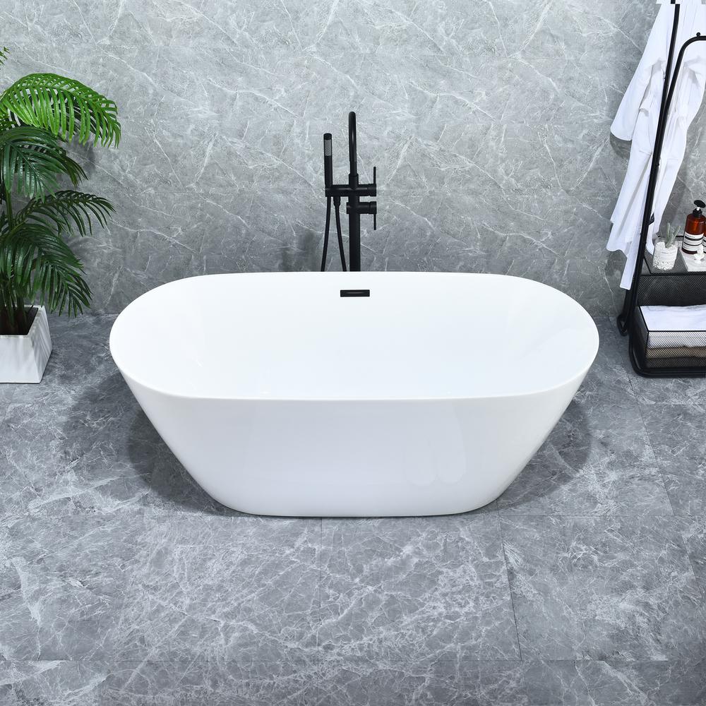 Tazlar 63" x 28" Flatbottom Freestanding Acrylic Soaking Bathtub in Glossy White. Picture 9