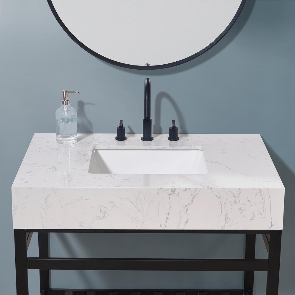 36. in Composite Stone Vanity Top in Aosta White Apron with White Sink. Picture 7