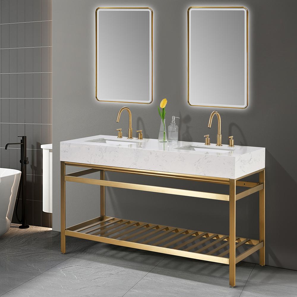 60" Double Stainless Steel Vanity Console in Brushed Gold and Mirror. Picture 4