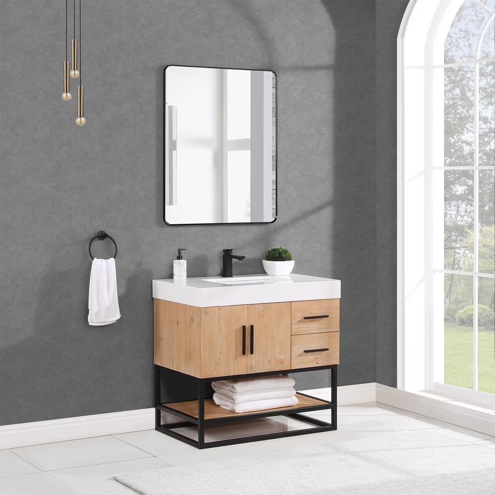 Single Bathroom Vanity in Light Brown with Mirror. Picture 5