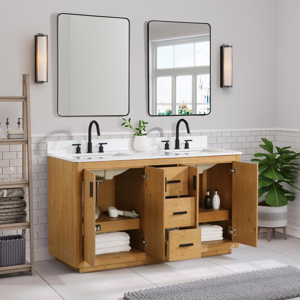 60" Double Bathroom Vanity in Natural Wood with Mirror. Picture 5