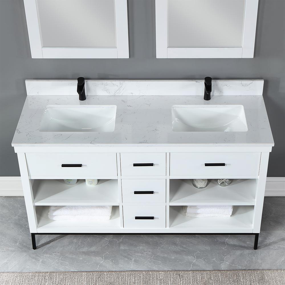 60" Double Bathroom Vanity Set in White with Mirror. Picture 6