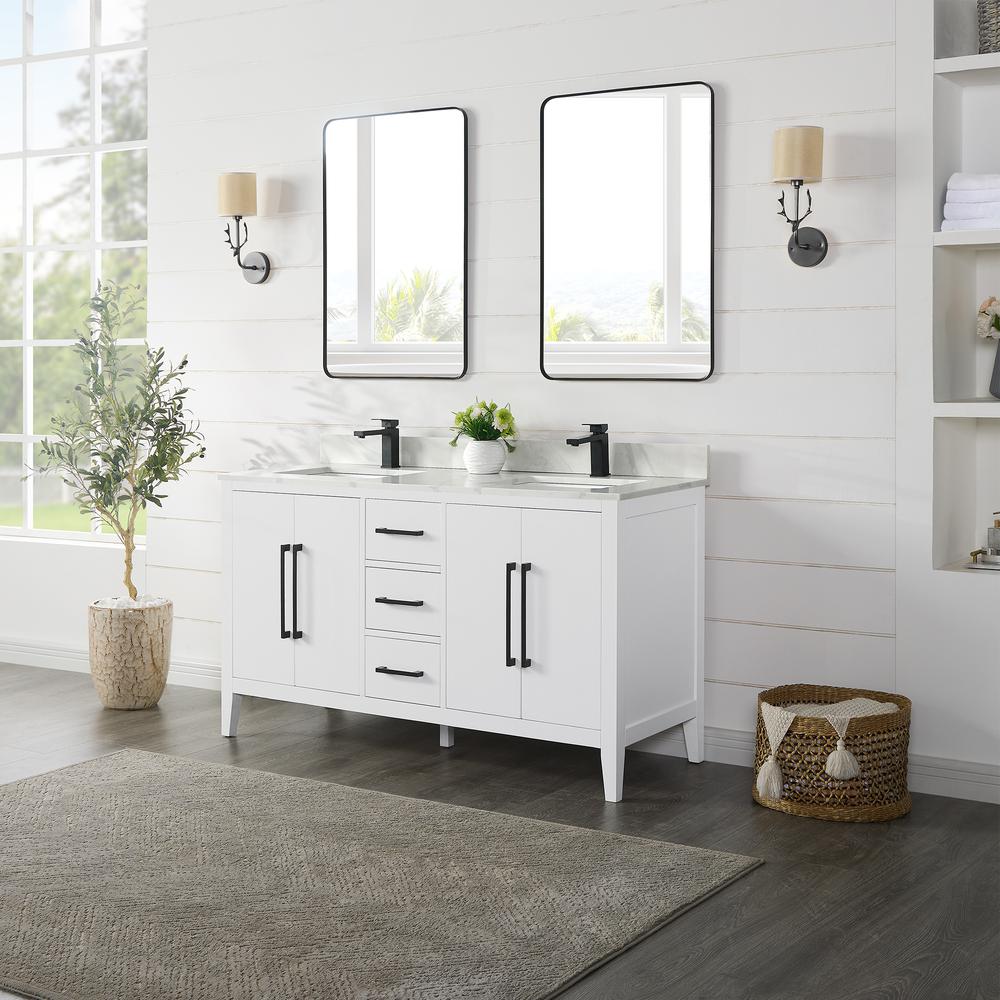 Double Bathroom Vanity in White with White Quartz Stone Countertop with Mirror. Picture 3