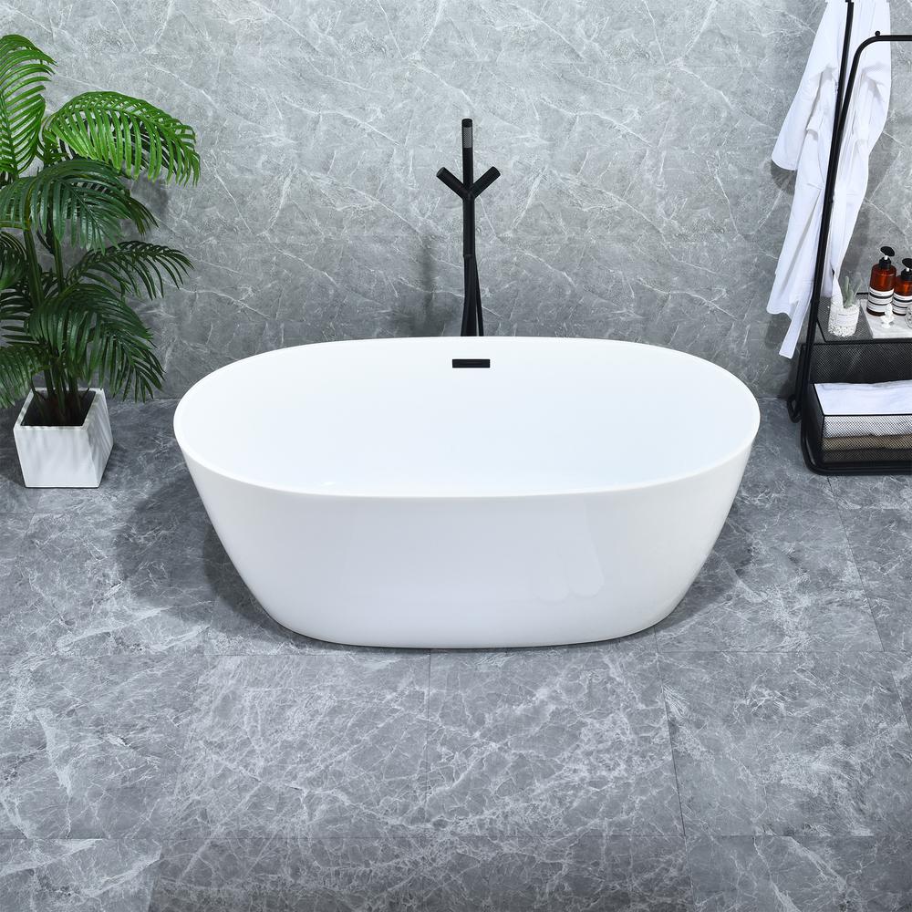 Rauris 59" x 28" Flatbottom Freestanding Acrylic Soaking Bathtub in Glossy White. Picture 8