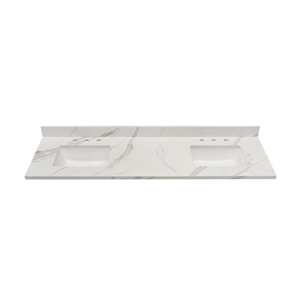 73 in. Composite Stone Vanity Top in Calacatta White with White Sink. Picture 1