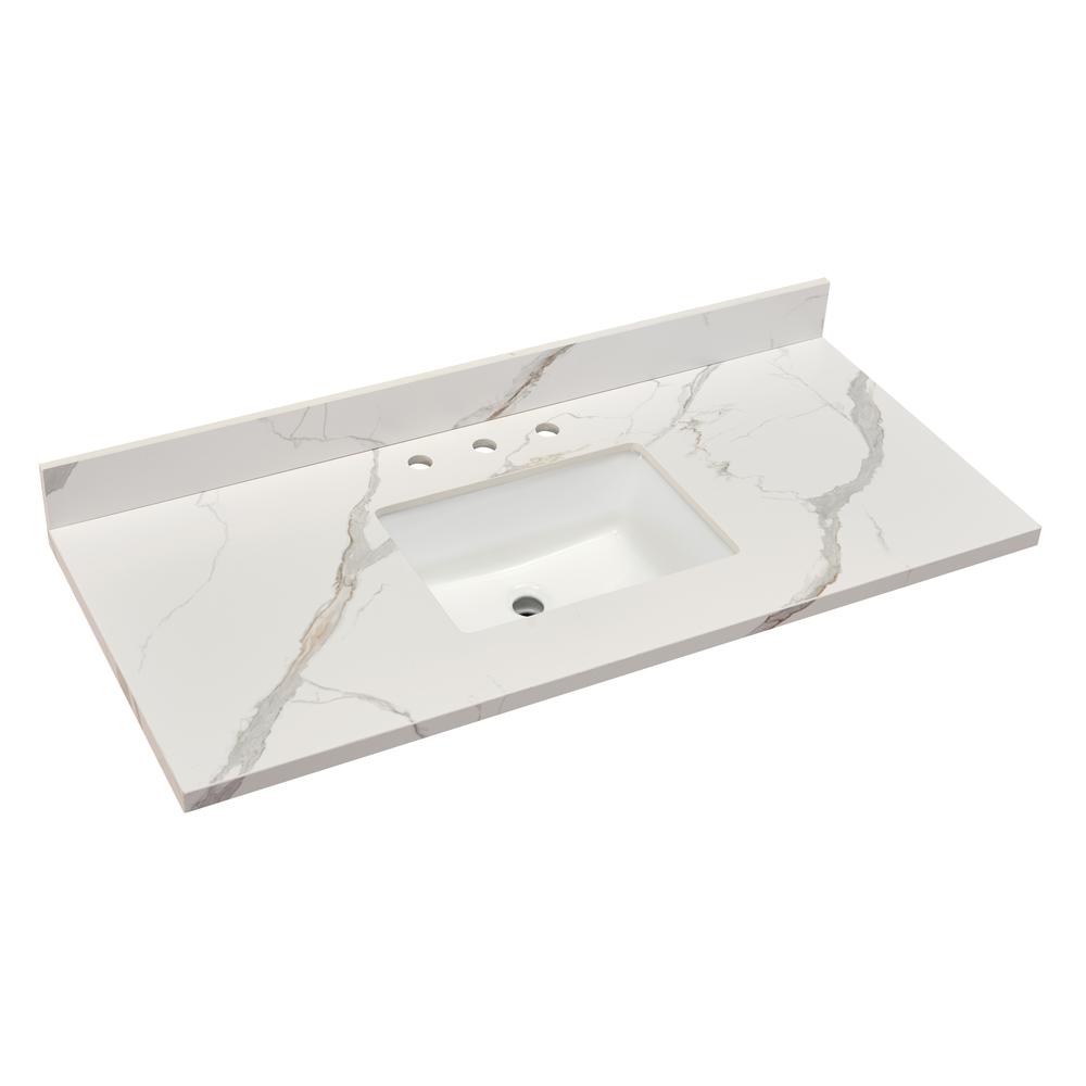 49 in. Composite Stone Vanity Top in Calacatta White with White Sink. Picture 3