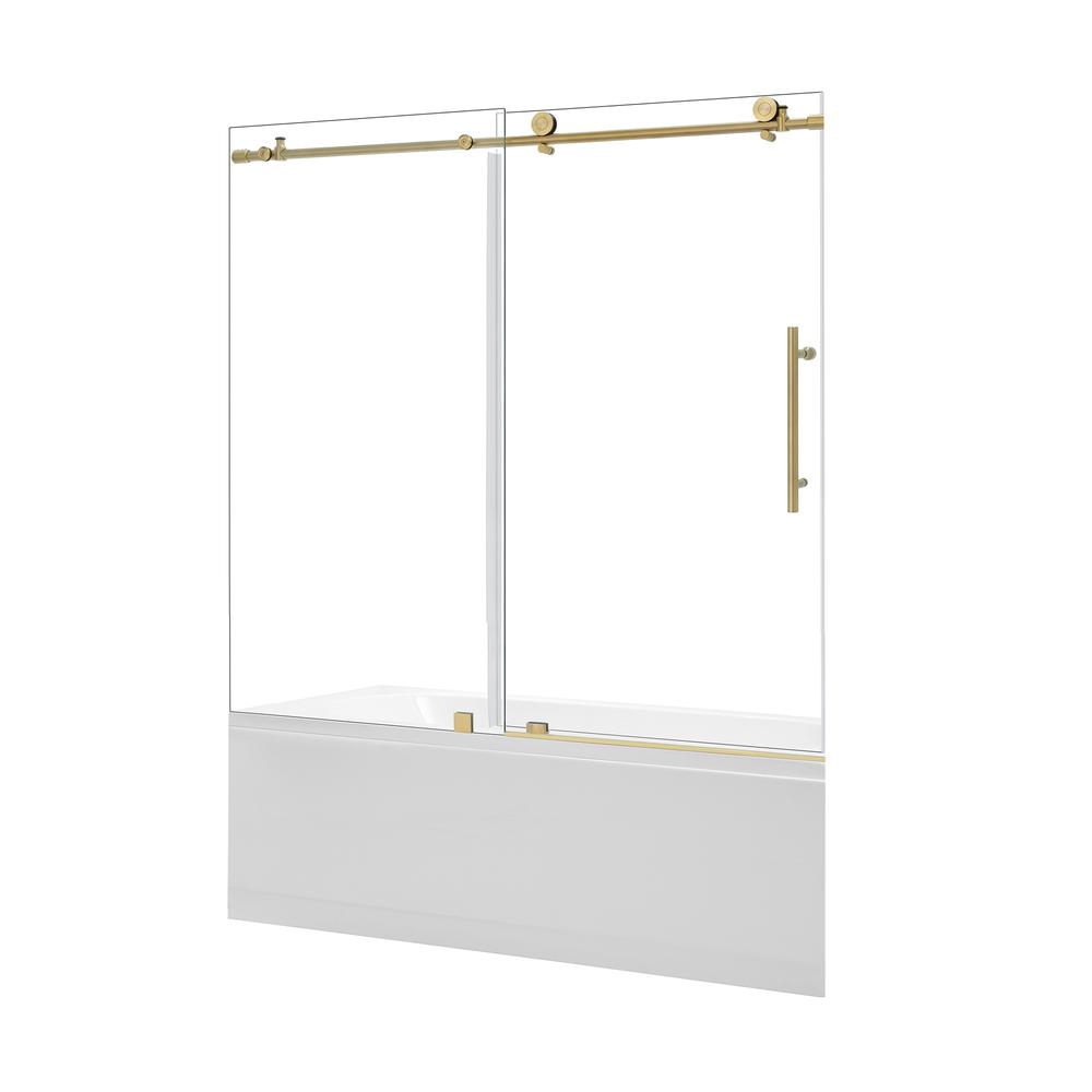 Single Sliding Frameless Tub Door in Brushed Gold with Clear Glass. Picture 2