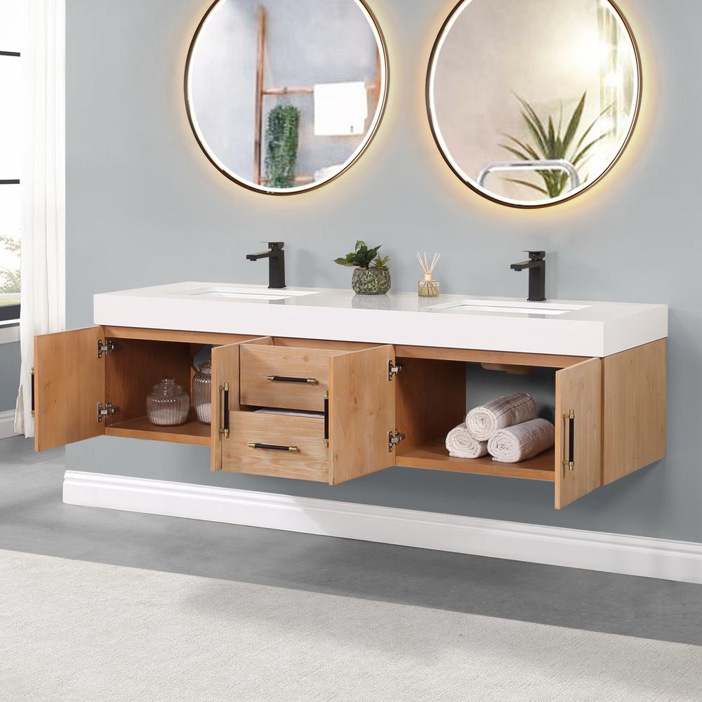 72" Wall-mounted Double Bathroom Vanity in Light Brown without Mirror. Picture 11