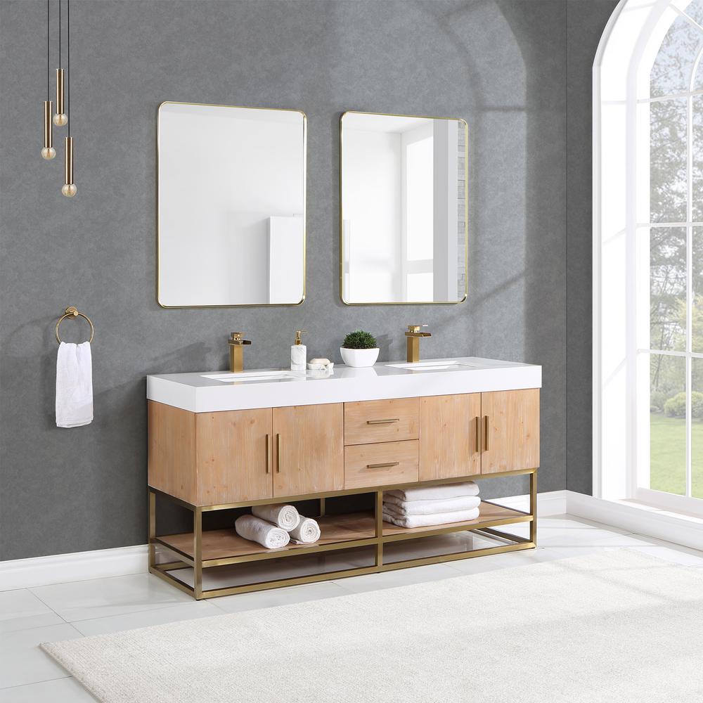 72" Double Bathroom Vanity in Light Brown awith Mirror. Picture 6