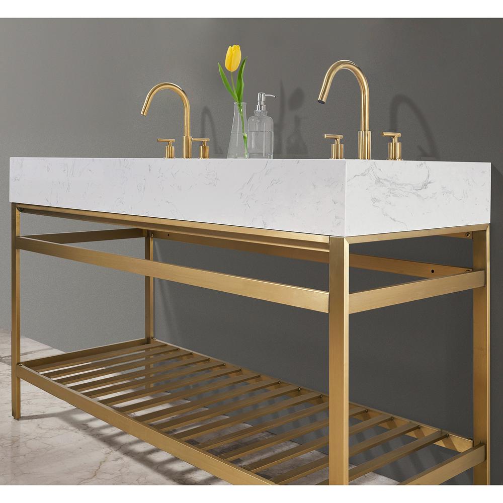 60" Double Stainless Steel Vanity Console in Brushed Gold without Mirror. Picture 6