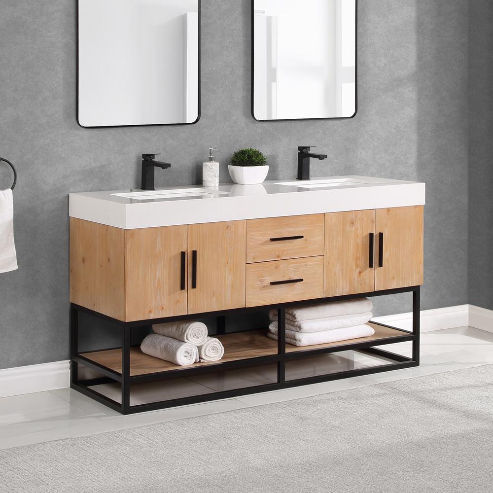60" Double Bathroom Vanity in Light Brown awithout Mirror. Picture 9