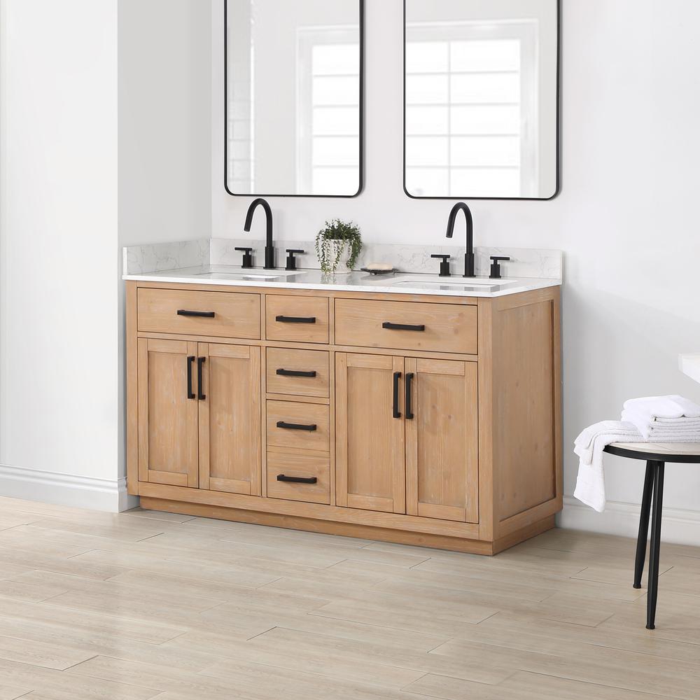 60" Double Bathroom Vanity in Light Brown without Mirror. Picture 10