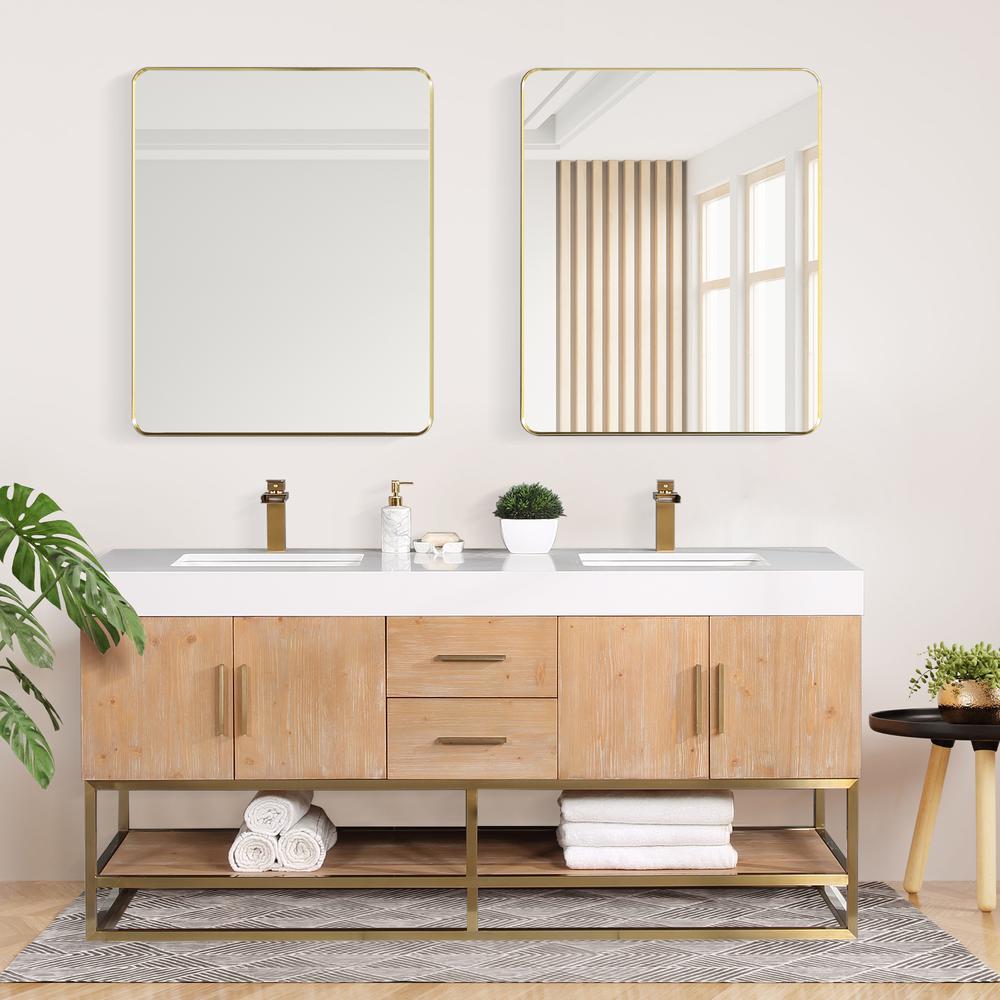72" Double Bathroom Vanity in Light Brown awith Mirror. Picture 11