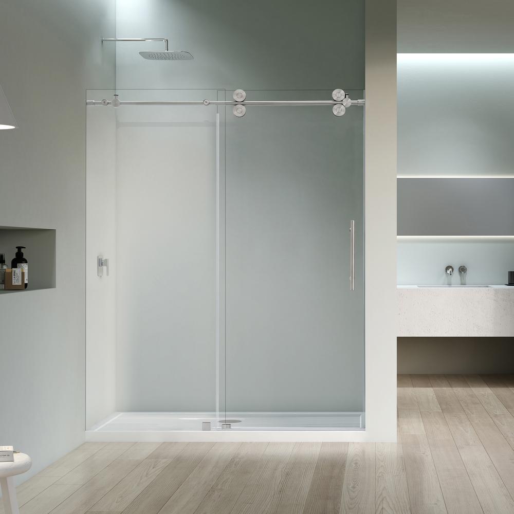 Single Sliding Frameless Shower Door in Brushed Nickel with Clear Glass. Picture 3