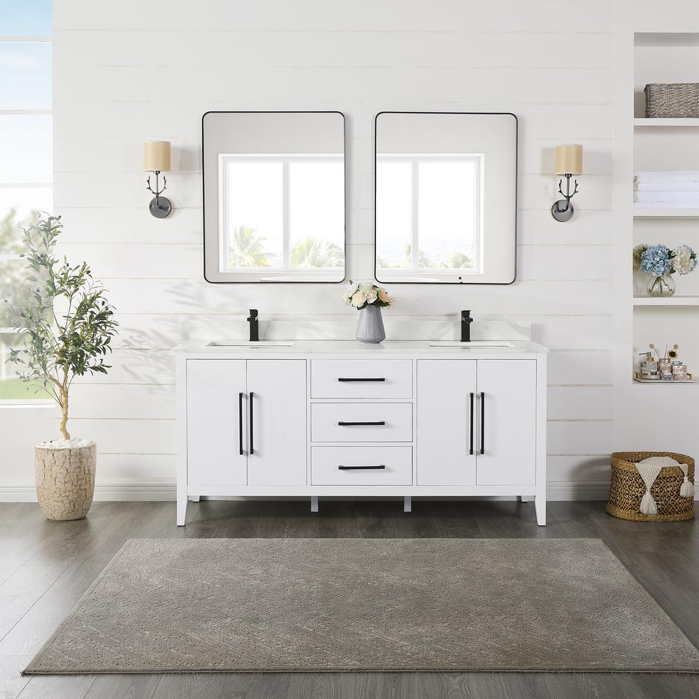 Double Bathroom Vanity in White with White Quartz Stone Countertop with Mirror. Picture 2