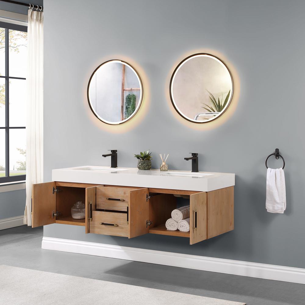 60" Wall-mounted Double Bathroom Vanity in Light Brown with Mirror. Picture 9