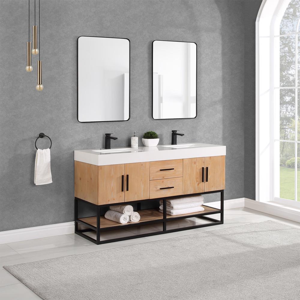 60" Double Bathroom Vanity in Light Brown awith Mirror. Picture 10