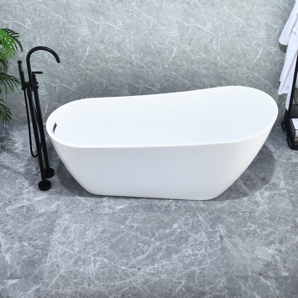 Ipure 67" x 29" Flatbottom Freestanding Acrylic Soaking Bathtub in Glossy White. Picture 9