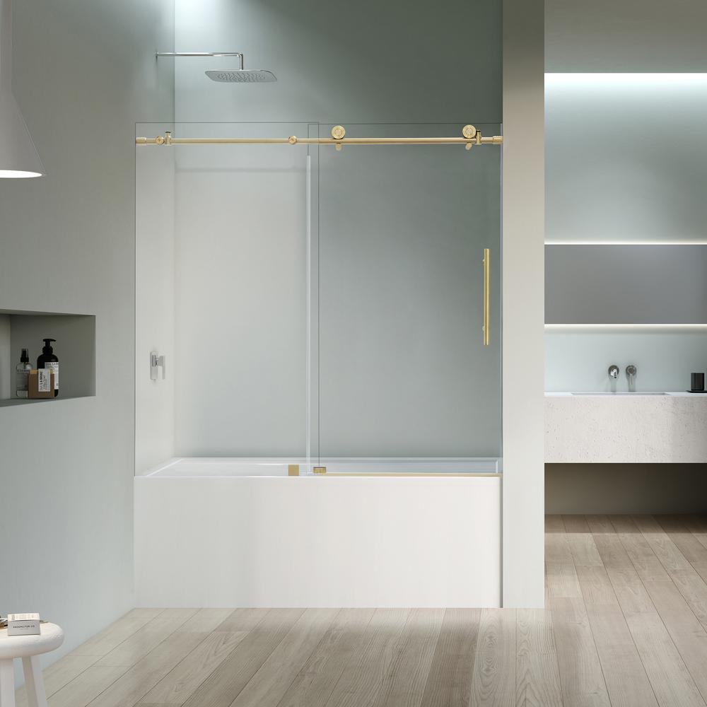 Single Sliding Frameless Tub Door in Brushed Gold with Clear Glass. Picture 3
