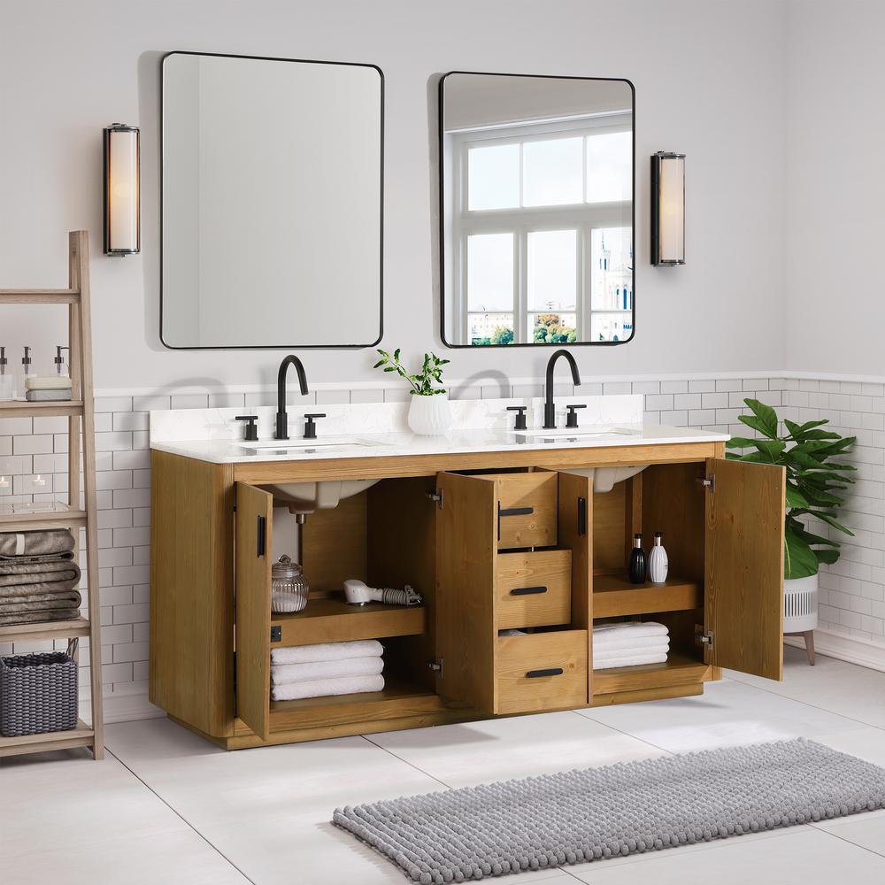 72" Double Bathroom Vanity in Natural Wood with Mirror. Picture 5