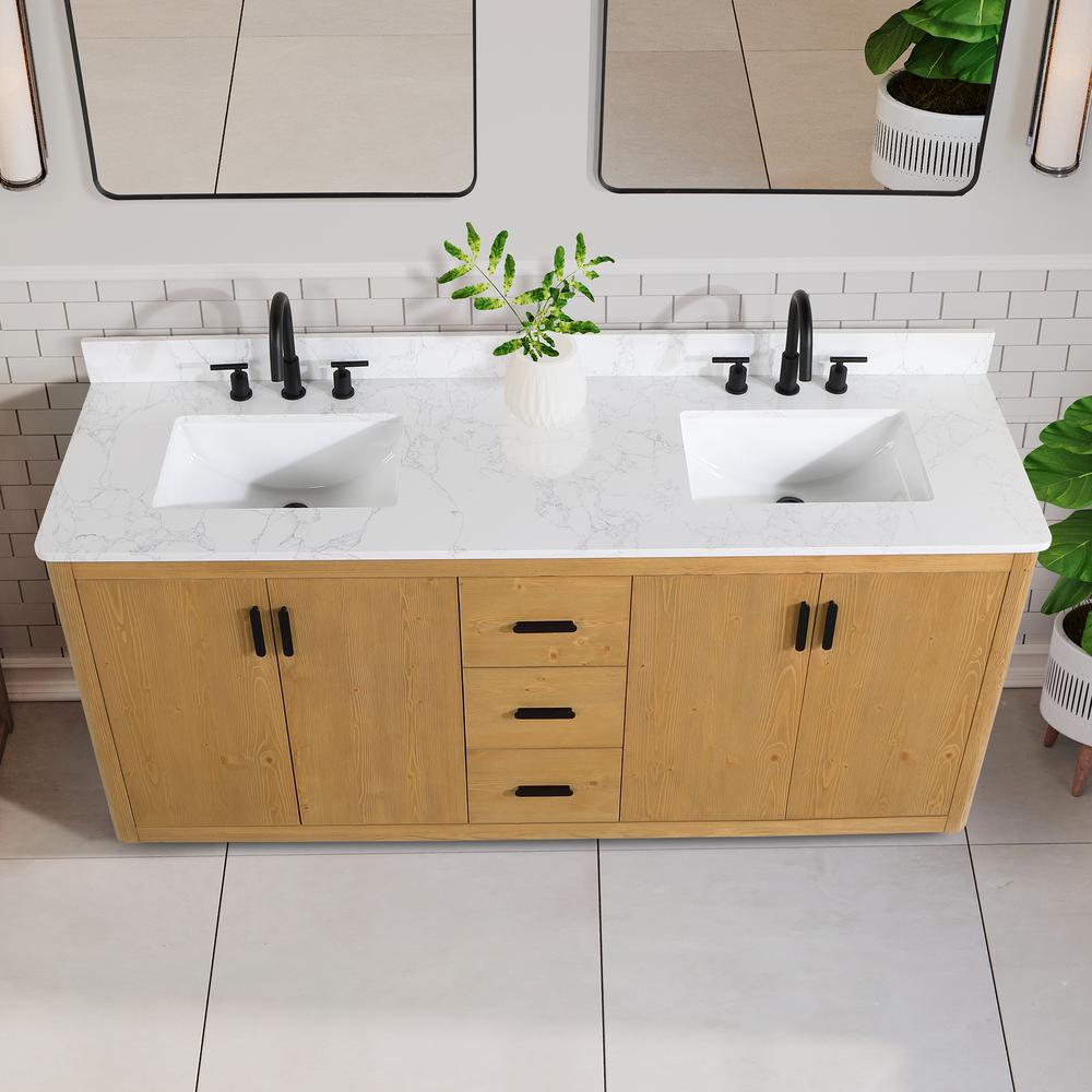 72" Double Bathroom Vanity in Natural Wood with Mirror. Picture 8